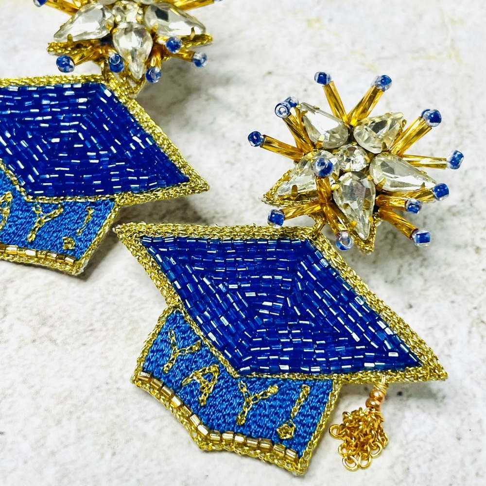 Royal Blue & Gold Graduation Graduate Earrings - Picture 1 of 6